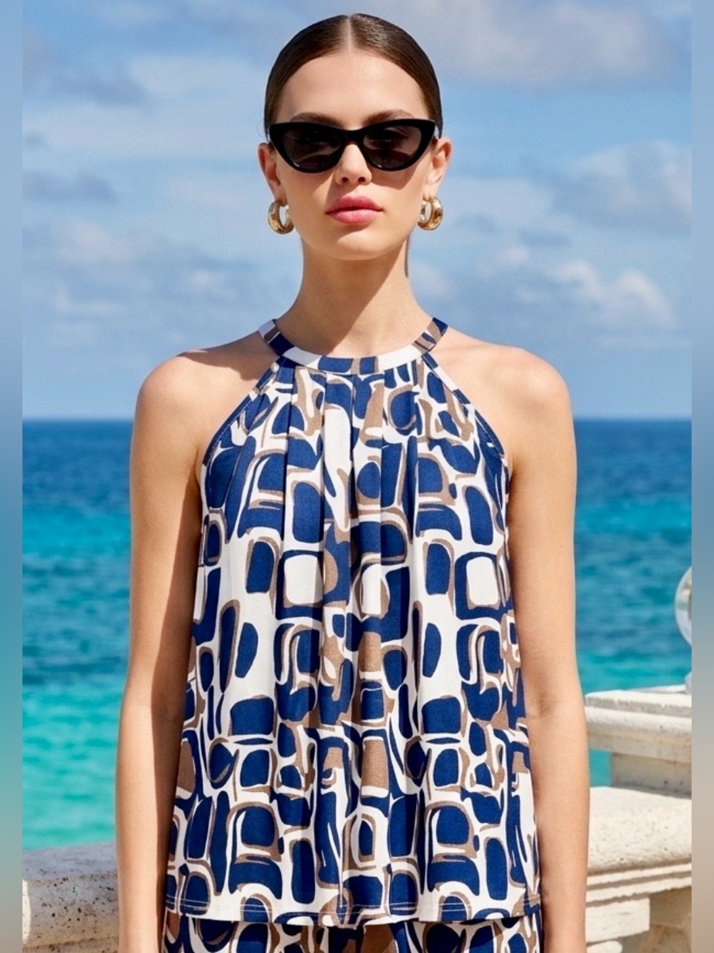Woman’s Blue & White Geometric Halter Top in S